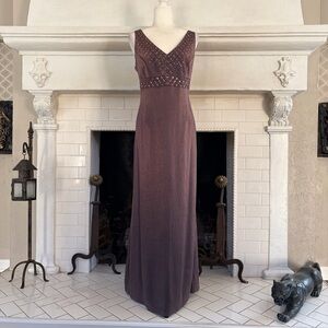 David’s Bridal Brown Metallic Beaded Gown Maxi Dress Formal Prom Womens Size 16